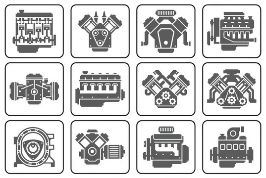 Automotive engine block and technical mechanical configuration icons.