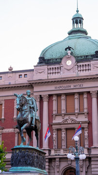 Vertical View of Prince Mihailo Statue on Horseback in Central Belgrade, July,13,2026 Belgrade, Serbia