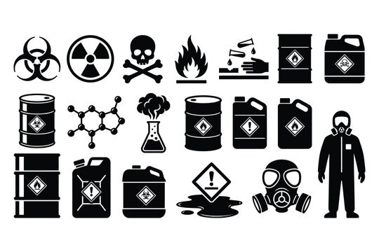 Set of black silhouette hazardous materials and safety icons with gas mask chemical drum gas canister protective gear safety suit hazard warning chemicals biohazard radioactive flammable