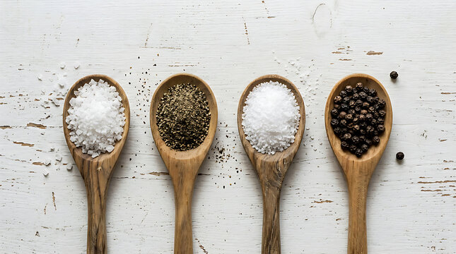 Sea salt, ground pepper, kosher salt, and peppercorns in a wooden spoon. Top view.