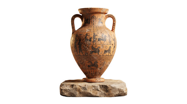 Ancient Greek amphora with black figure pottery art, antique terracotta ceramic vase on stone base, historical mediterranean archaeological artifact isolated PNG with Transparent Background