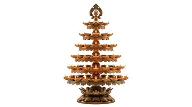 Traditional brass diya lamp stand in tree shape, ornate golden oil lamps for Diwali celebration, decorative tiered metal deepak for Indian festivals isolated PNG with Transparent Background