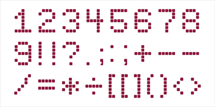 Set of numbers and mathematical symbols created with a red digital dot matrix font style number set math symbols red digits pixel font numeric characters arithmetic signs pixel art led display
