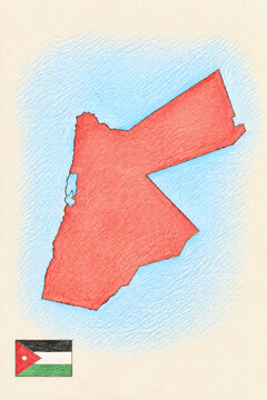 Hand drawn map of Jordan with national flag, colored pencil illustration