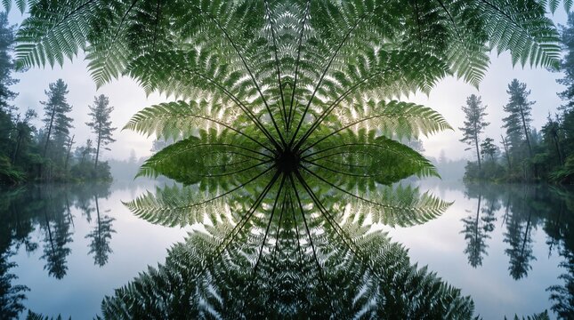 Symmetrical pattern of a fern leaf over a misty lake