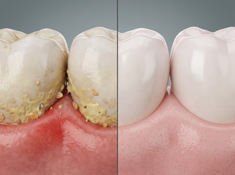A split comparison showing diseased teeth with plaque buildup versus healthy, clean white teeth.