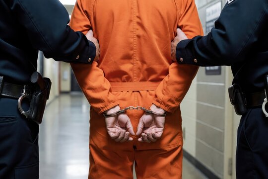 Two police officers in dark uniforms escort a prisoner wearing an orange jumpsuit in handcuffs.