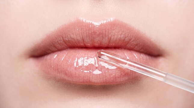 Macro close up of a clear glass rod applicator applying glossy hydrating serum on full pink lips