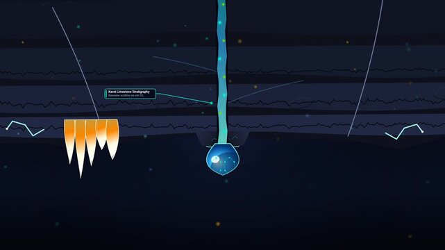 2D animation explaining the geological and chemical process of calcite precipitation forming stalactites, stalagmites, and speleothem columns in karst limestone caves