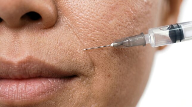 Close up of syringe needle injecting botox or dermal filler into mature skin nasolabial fold