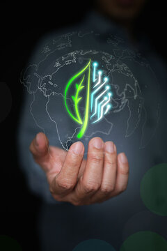 Hand holds hybrid leaf and digital circuit board inside earth globe outline. Green technology, sustainable innovation, global ESG initiatives, and eco-friendly digital transformation. Vertical photo.