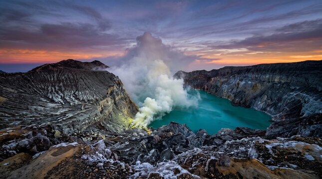 Stunning sunset over the turquoise crater lake of ijen volcano in indonesia
