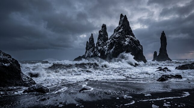 Dramatic sea stacks on reynisfjara black sand beach in iceland