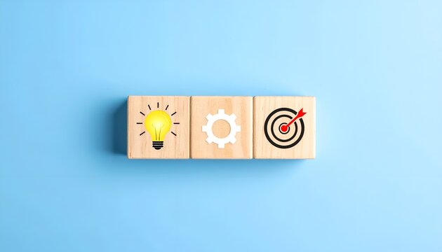 Three wooden blocks with light bulb, gear, and target icons symbolizing creative ideas, efficient processes, and focused business goals.