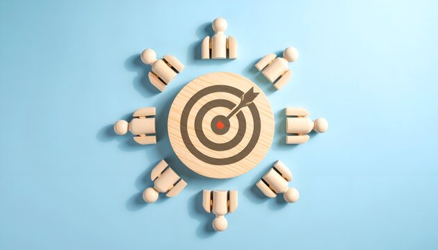 Top view of wooden people arranged around a target with a dart, symbolizing teamwork, collaboration, strategic alignment, and collective focus on goals.