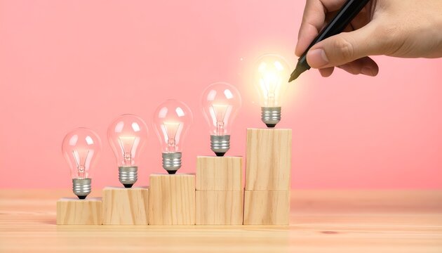 Glowing light bulbs arranged on ascending wooden blocks with a hand reaching forward, symbolizing innovation, creative progress, new ideas, and developing opportunities step by step.