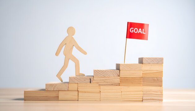 Wooden figure climbing a staircase of blocks toward a red goal flag, representing personal growth, career development, ambition, progress, and achieving milestones step by step.