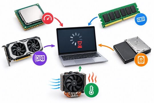 Laptop computer connected to various hardware components illustrating performance issues and system maintenance concepts on white background