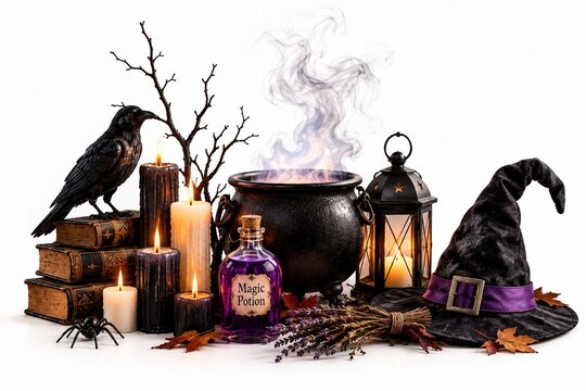 Halloween witch accessories with a steaming cauldron a crow and magic potion on white background with cauldron steam stands purple potion bottle