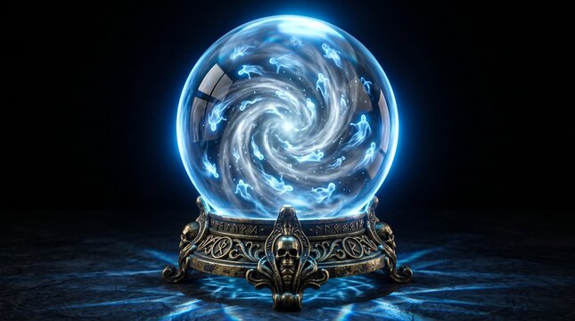 A glowing crystal ball containing a swirling vortex of spirits on a dark ornate stand with resting decorative metallic skull base