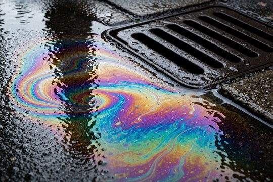 Colorful oil slick swirls on wet asphalt near sewer drain after rain. Abstract pattern of rainbow colors on urban street surface reflects light beautifully. Water mixed with oil forms iridescent