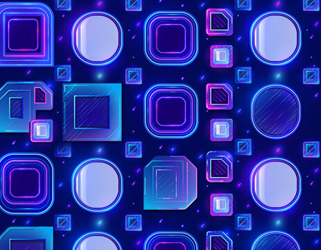 Vibrant neon cyberpunk digital pattern featuring glowing geometric shapes and futuristic technology abstract background