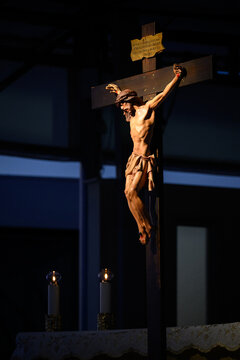 The Cross displayed for veneration after the evening Holy Mass in Medjugorje, Bosnia and Herzegovina.