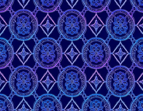Seamless abstract pattern with glowing blue and purple neon floral and geometric motifs on dark background