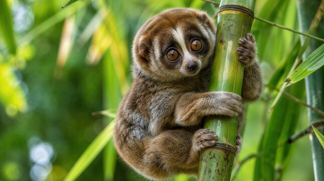 AI generated cute slow loris with big eyes clinging to a green bamboo stalk in a tropical forest


