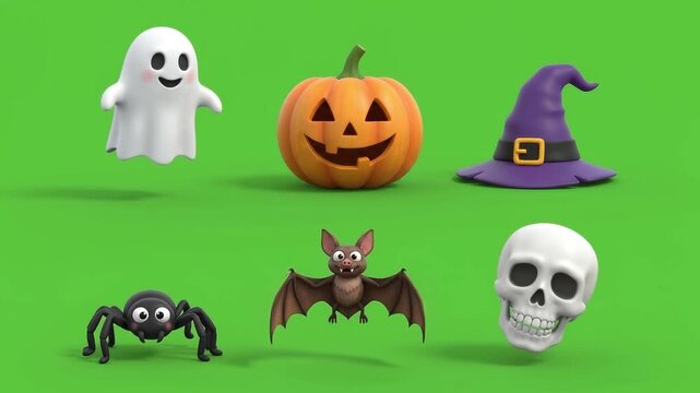 Animated halloween icon pattern with pumpkins and ghosts on green