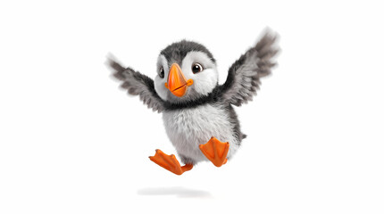 Obraz premium Cute Baby Puffin Flapping Wings Playful Atlantic Seabird Clay Style Isolated on White Background 3D Render
