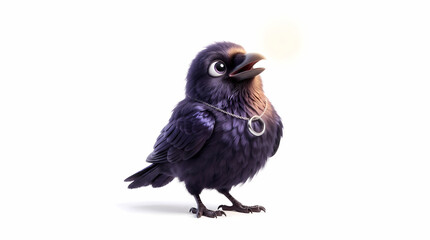 Obraz premium Cute Baby Raven Wearing Shiny Ring Playful Black Crow Clay Style Isolated on White Background 3D Render