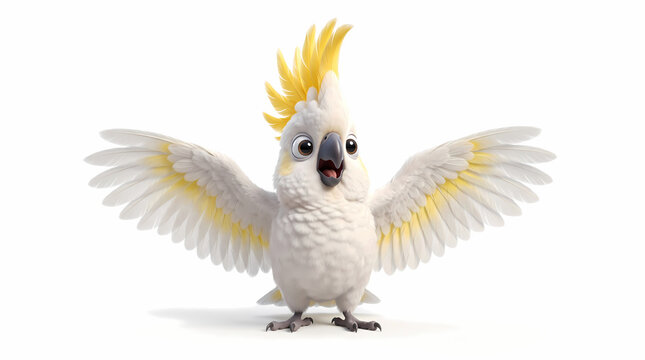 Cute Baby Cockatoo Looking Surprised Yellow Crested Parrot Clay Style Isolated on White Background 3D Render