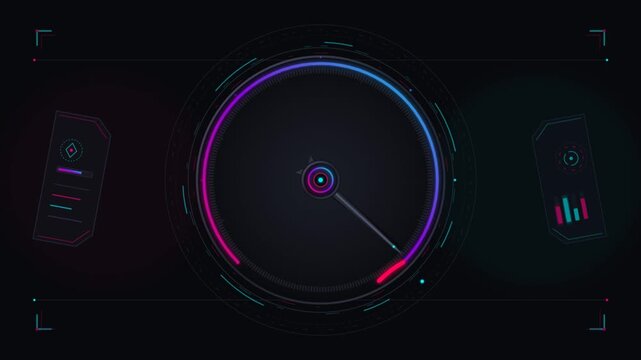 Digital speed gauge dashboard UI with moving needle and neon HUD elements