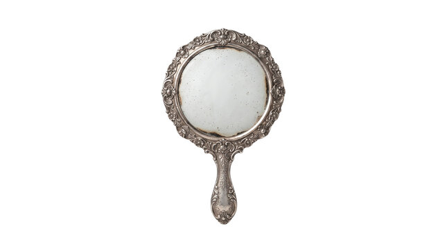 Vintage silver hand mirror with ornate floral carvings, antique vanity accessory on white background, elegant handheld mirror for beauty and makeup