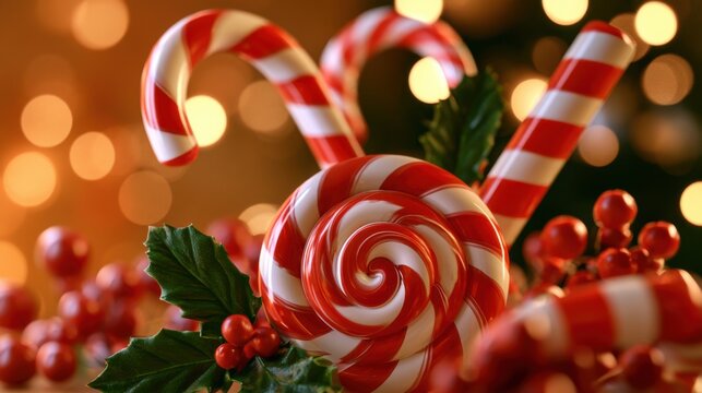 Christmas Swirl Lollipop and Candy Canes Among Holly and Berries. AI Generated Image