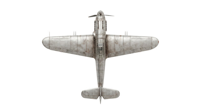Vintage military aircraft top view, weathered silver fighter plane on white background, antique world war aviation model with metallic texture