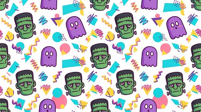 90s style Halloween pattern with Frankenstein monster purple ghosts and geometric shapes