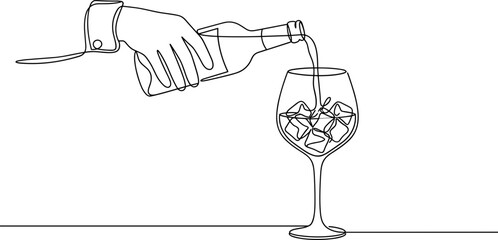 Obraz premium A continuous line art drawing of a bartender pouring a drink into a glass filled with ice cubes.
