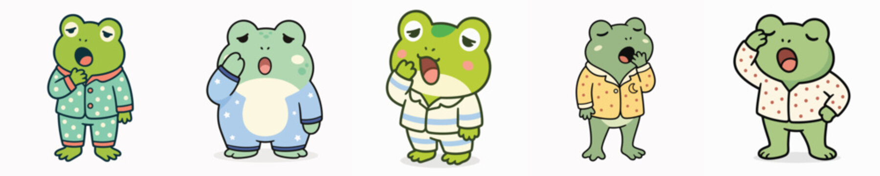 A set of cute frog vectors wearing pajamas and yawning sleepily.