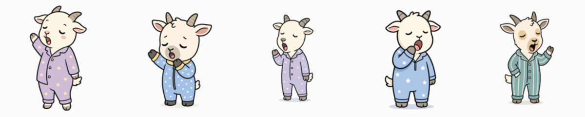 Fototapeta premium A set of cute vector goats dressed in pajamas and yawning sleepily.