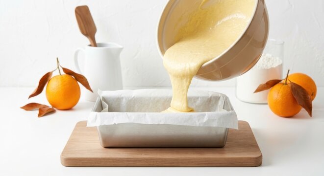 Pouring fresh orange cake batter from a ceramic bowl into a metal loaf tin lined with parchment paper, preparing homemade citrus dessert in a bright white minimalist kitchen setting.