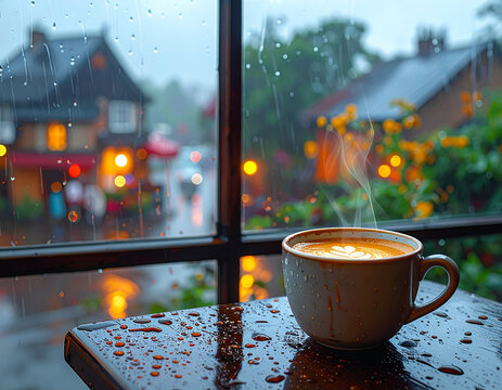 Hot coffee cup on rainy day window sill
