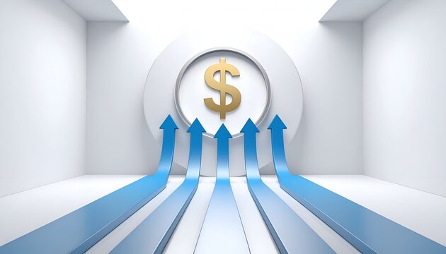 Five blue arrows rise toward a large dollar symbol in a modern white space, representing financial growth, revenue increases, investment, and economic development.