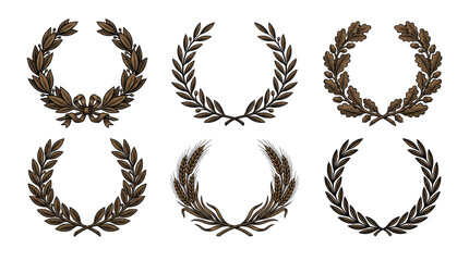Fototapeta premium Collection of classical circular golden and bronze laurel wreath crowns, olive branches and laurels. Ancient Roman victory honor triumph award emblems on pure white background template display.