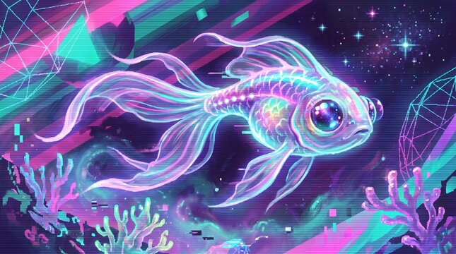 Colorful luminous fantasy fish with delicate flowing fins
