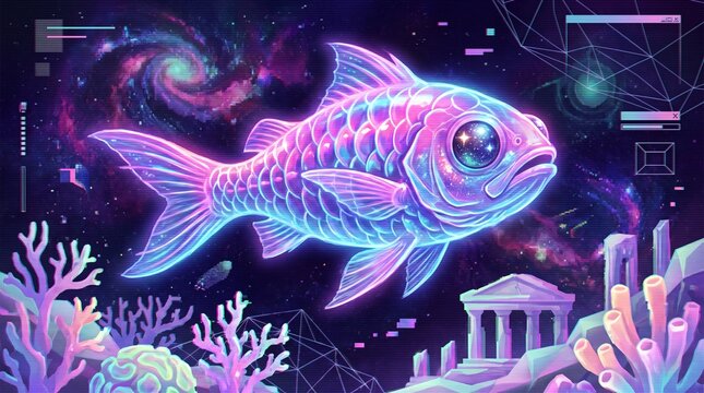 Glowing pink and blue fantasy fish in a cosmic aquatic scene