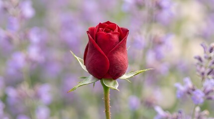 Obraz premium Single Elegant Red Rose Bud against a Soft Blurred Purple Flower Background