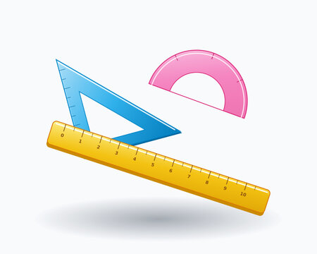 Cute 3D glossy geometry ruler set with protractor and set square triangles isolated on white background, technical drafting tool vector