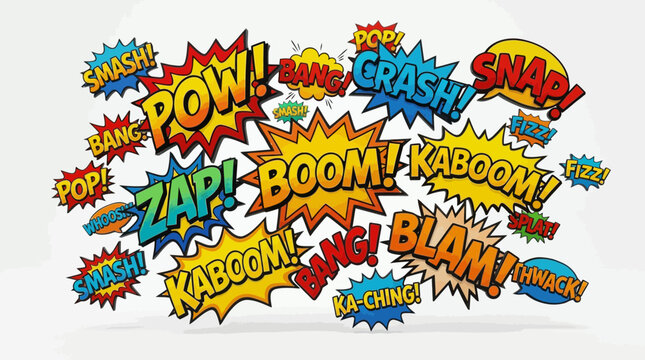 Assorted comic book onomatopoeia bubbles for creative design.